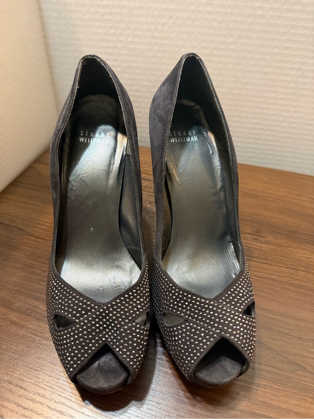 Stuart Weitzman Black Studded Suede Peep-Toe Pumps Size 8.5